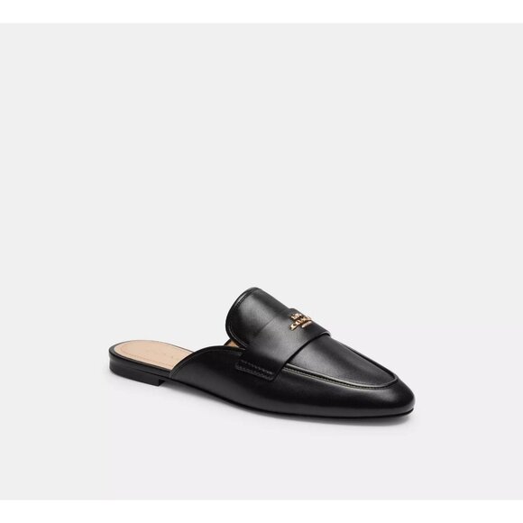 Coach Women's Black Leather Round Toe Samie Slide on Mule Flat Shoes Size 6 - Picture 1 of 9